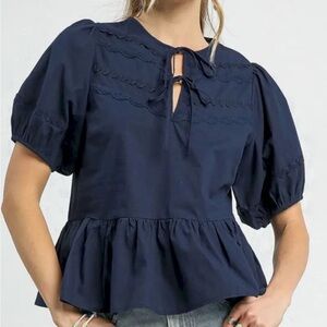 Umgee Navy Blouse with Puff Sleeves